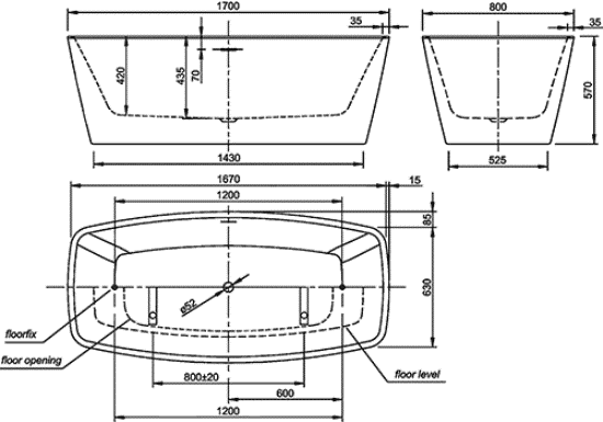 Knief Cube окрема ванна 170x80 см з панеллю і сифоном.