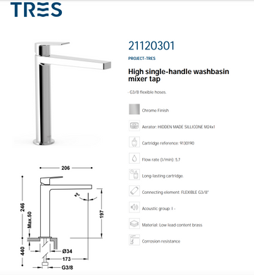 Смеситель для раковины Tres Project-tres 21120301 Хром, Хром
