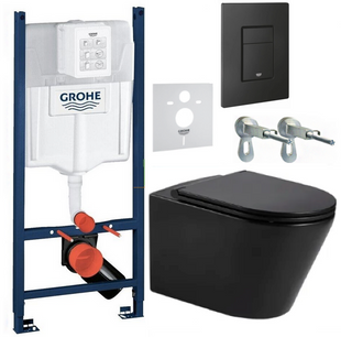 Grohe инсталляция с черным матовым унитазом Volle Nemo + Сиденье + кнопка черная матовая, Черный