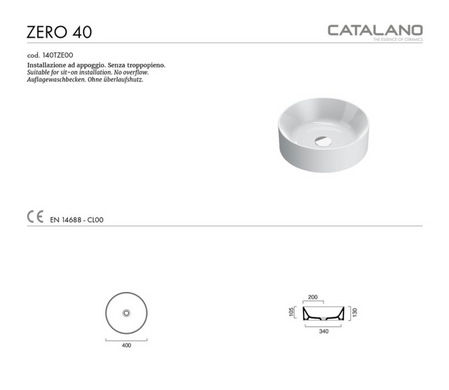 Керамічна раковина 40 см Catalano NEW ZERO, bianco lucido (140TZE00), Білий
