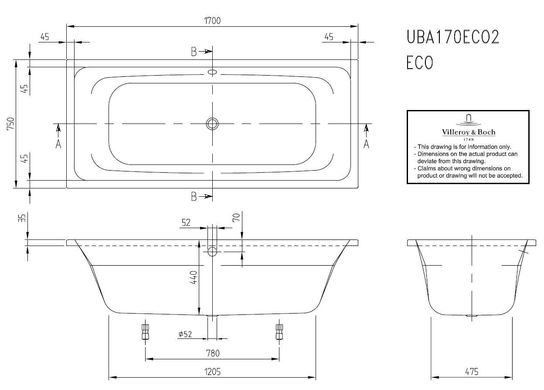 Акриловая ванна 170x75 Villeroy & Boch Targa Style (UBA170FRA2V-01)