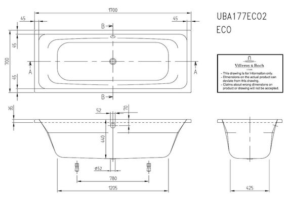 Акриловая ванна 170x70 Villeroy & Boch Targa Style (UBA177FRA2V-01)