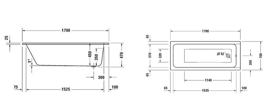 Ванна акриловая Duravit D-Code прямоугольная 170х70 см 700670000000000
