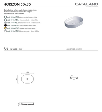 Керамічна раковина 50x35см Catalano Horizon, bianco satinato (150AHZBM), Білий матовий