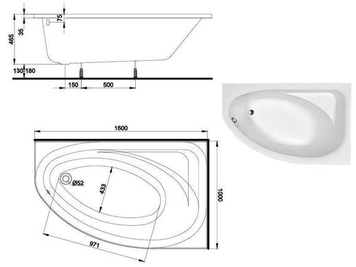 SPRING ванна 160x100 асиметрична права в комплекті з сифоном Geberit 150.520.21.1, з ніжками