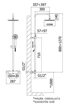 Душевая система Paffoni Light, с термостатом, верхняя лейка 300 мм, Steel Looking (ZCOL646KLIQST), Нержавеющая сталь