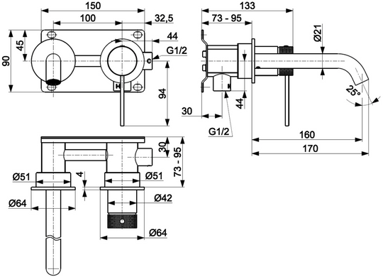 Смеситель для раковины KFA Armatura MOZA 316L 5049-810-22 Сталь, Нержавеющая сталь