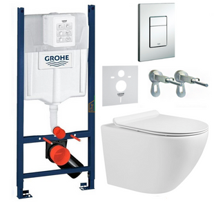 Инсталляция Grohe + безободковый короткий унитаз Volle Amadeus M (Испания) в комплекте с крышкой плавного опускания, Белый