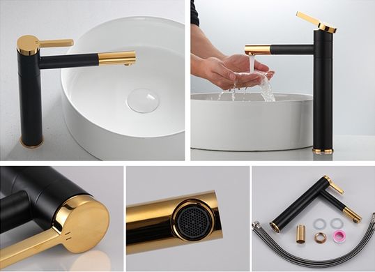 Змішувач для раковини (умивальника) Rea SMART BLACK+GOLD чорний/золотий високий