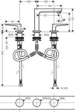 Hansgrohe Metropol 74514000 змішувач для умивальника на 3 отвори з клапаном push-open, Хром