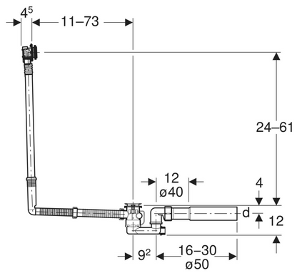Злив-перелив для ванни Geberit з поворотним механізмом та впускним штуцером, d52, довжина 73 см: d=40/5 (150.701.00.6)