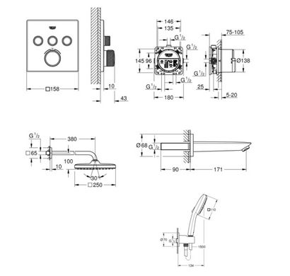 Душевая система с термостатом для ванны Grohe Grohtherm SmartControl, хром (UA26415SC6), Хром