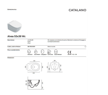 Унитаз подвесной безободковый Catalano Alvea, белый, newflush 0611530001, Белый