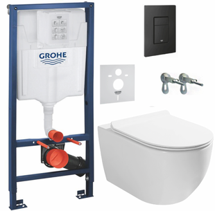 Інсталяція з чорною кнопкою з унітазом, Grohe + безободковий унітаз Simple Bend Whirpool Asignatura (Іспанія), Білий