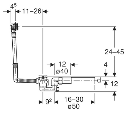 Слив-перелив для ванны Geberit с поворотным механизмом и впускным штуцером, d52, длина 26 см, хром (150.710.21.6), Хром
